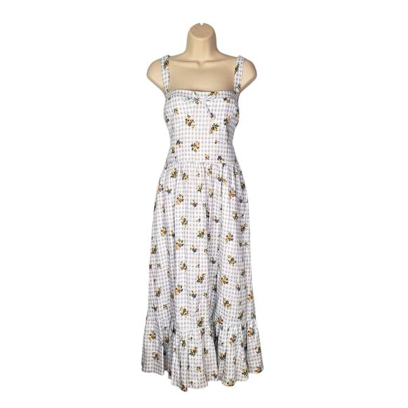 Reformation Maegan Linen Al Fresco Midi Dress Blue White Plaid Floral Size 8 - Picture 2 of 12